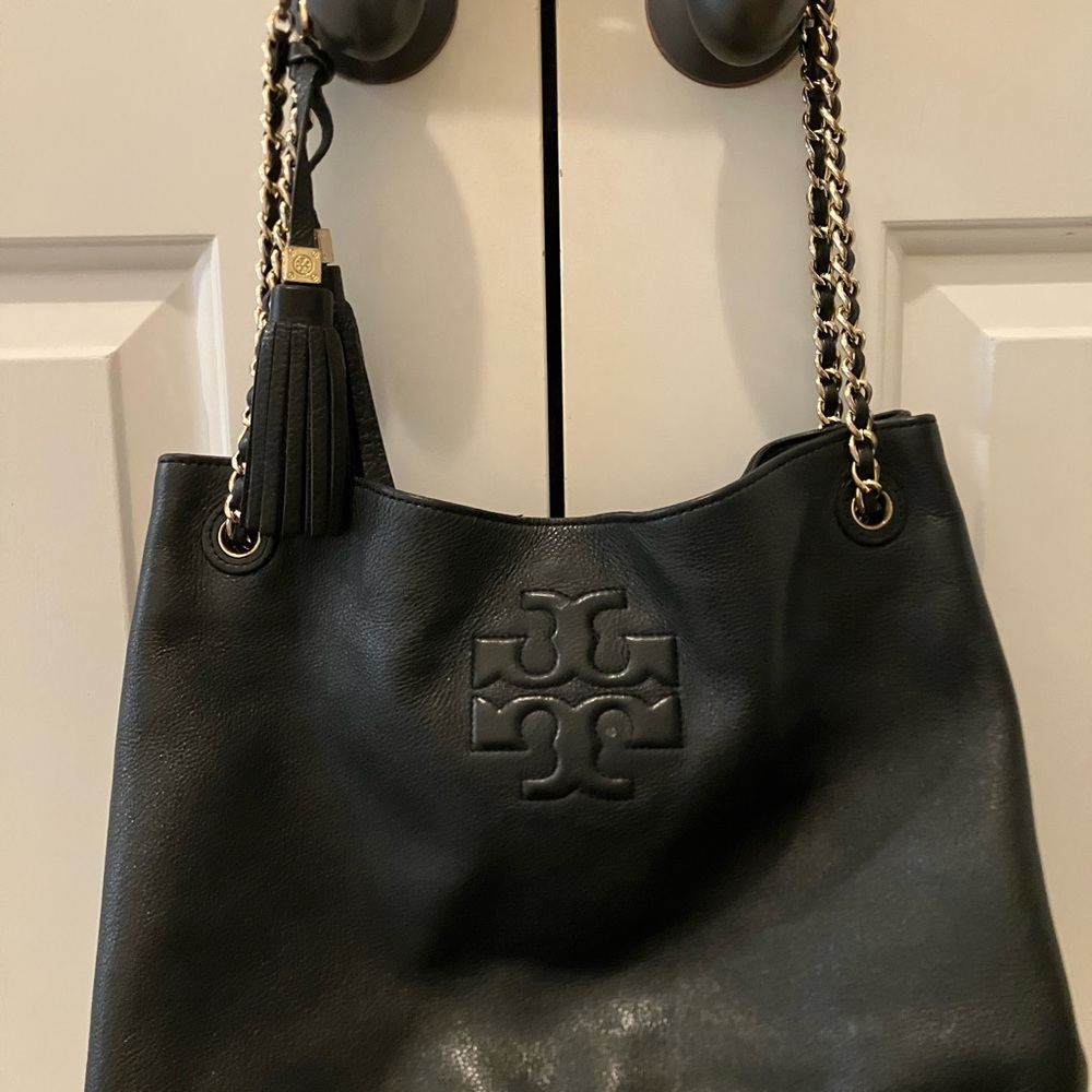 Tory Burch Thea Black Pebbled Leather Shoulder Bag with Chain Straps
